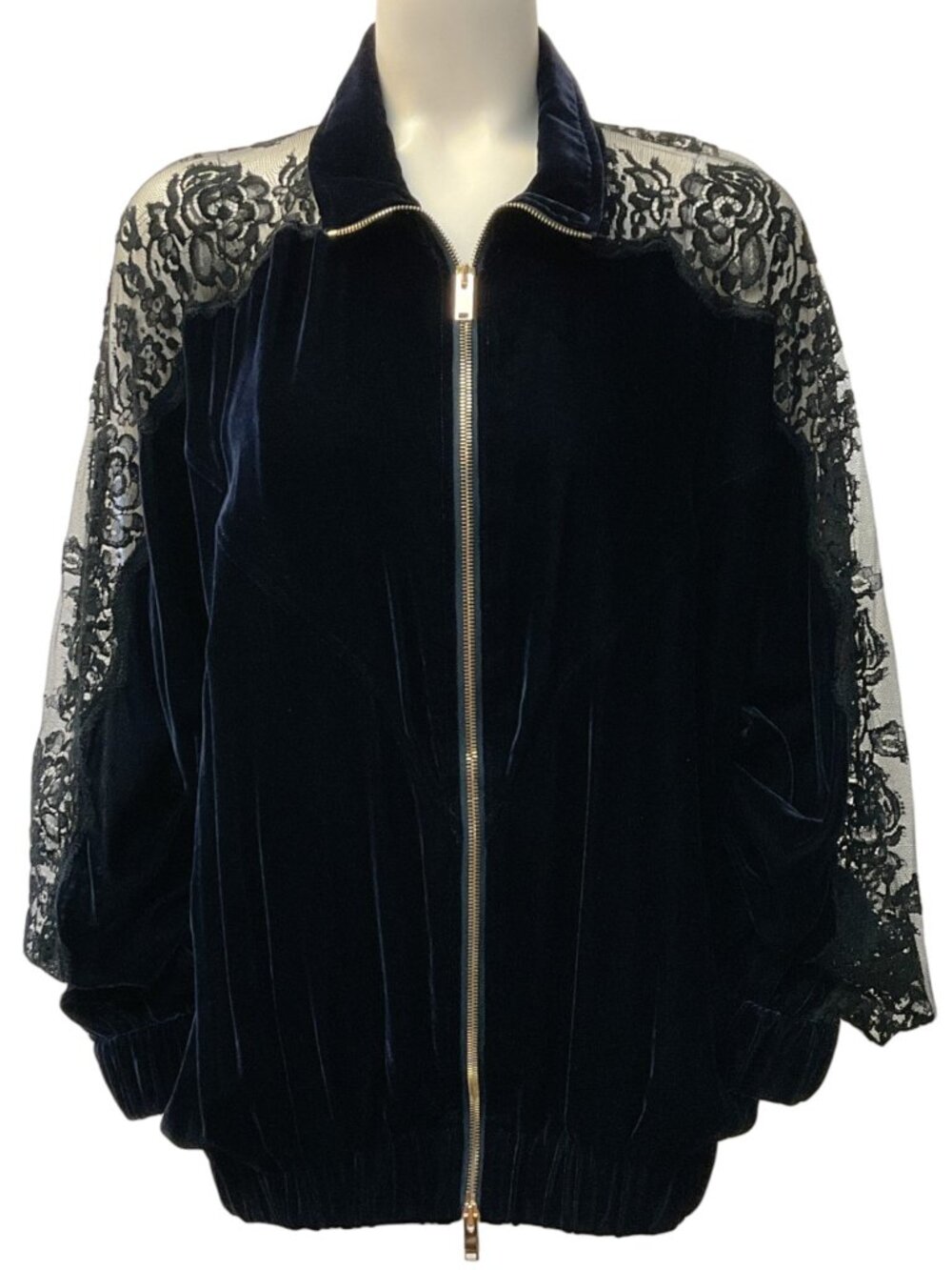 Stella McCartney Navy Blue Velvet Bomber Jacket with Lace Sleeves
